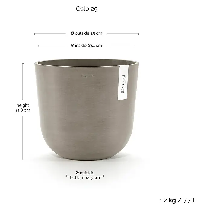 Ecopots Oslo Pflanztopf - Außenmaß (Ø x H): 25 x 21,8 cm, Kunststoff, Braungrau - Oslo 25 Pflanztopf in Taupe mit den Maßen: Höhe 21,8 cm, Außendurchmesser 25 cm, Innendurchmesser 23,1 cm, Bodendurchmesser 12,5 cm, Gewicht 1,2 kg, Volumen 7,7 l.