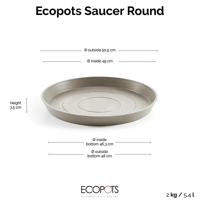 Ecopots Amsterdam Blumentopf-Untersetzer - Außenmaß (Ø x H): 49 x 3,5 cm, Kunststoff, Braungrau - Abbildung eines grauen runden Untersetzers von Ecopots mit Maßangaben zu Höhe und Durchmesser.