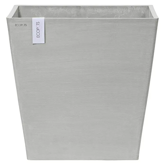 Ecopots Rotterdam Pflanzkasten mit Rollen - Außenmaß (L x B x H): 50,2 x 50,2 x 49,5 cm, Kunststoff, Weißgrau - Bild eines quadratischen Ecopot-Pflanzkübels mit einem subtilen, zementartigen Aussehen, der modernes Design mit Nachhaltigkeit verbindet.