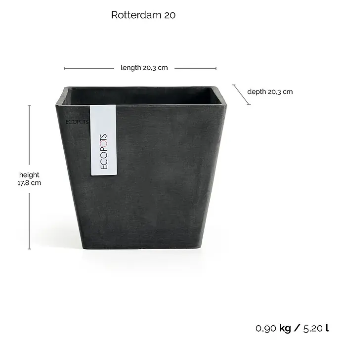 Ecopots Rotterdam Pflanzkasten - Außenmaß (L x B x H): 20,3 x 20,3 x 17,8 cm, Kunststoff, Dunkelgrau - Bild eines grauen, quadratischen Rotterdam 20 Blumentopfs von Ecopots mit den Maßen Länge 20,3 cm, Tiefe 20,3 cm und Höhe 17,8 cm.