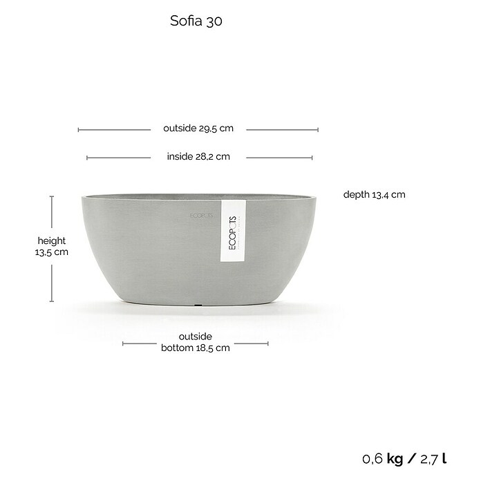 Ecopots Sofia Pflanzschale Sofia (L x B x H: 29,5 x 13,4 x 13,5 cm, Weißgrau) | BAUHAUS