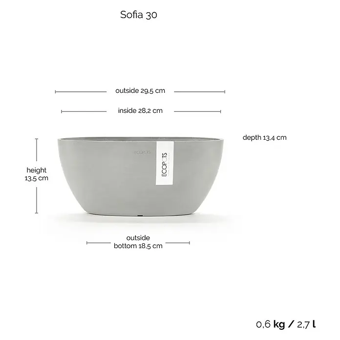 Ecopots Sofia Pflanzschale rund Oval - Weißgrau - Bild einer Sofia 30 Pflanzschale mit Größenangaben, die ihre Abmessungen und ihr Fassungsvermögen hervorheben.