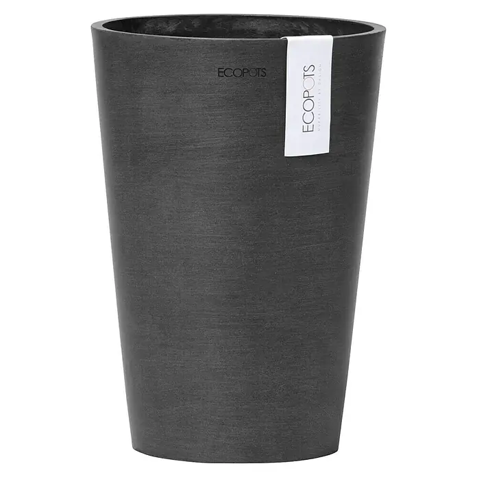 Ecopots Vase Pisa - Ø x H: 17,8 x 25,2 cm, Kunststoff, Dunkelgrau - Ein dunkler, zylindrischer Pflanztopf von Ecopots mit einem schlichten Design, das die natürliche Schönheit von Pflanzen hervorhebt.