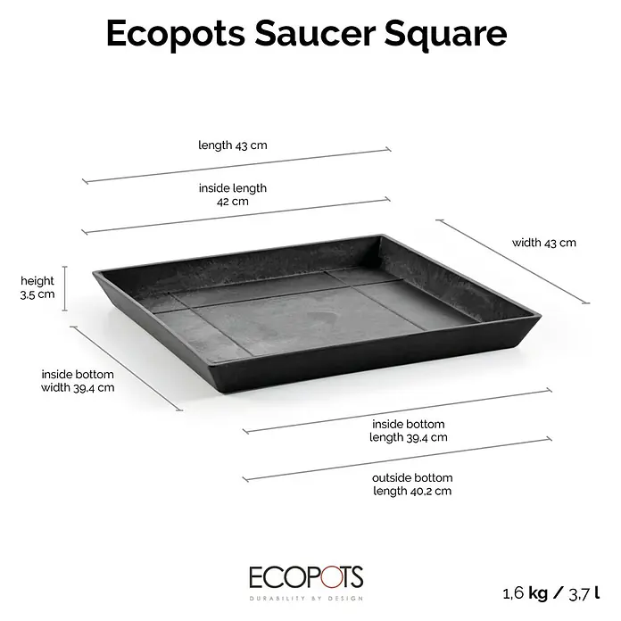 Ecopots Rotterdam Kasten-Untersetzer - 42 x 39,4 x 3,5 cm, Kunststoff, Dunkelgrau - Abbildung eines schwarzen, quadratischen Ecopots Untersetzers mit den Maßen Länge 43cm, Breite 43cm und einer Höhe von 3,5cm.