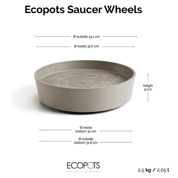 Ecopots Amsterdam Blumentopf-Untersetzer mit Rollen - Außenmaß (Ø x H): 34,1 x 9 cm, Kunststoff, Braungrau - Das Bild zeigt einen grauen Ecopots Untersetzer mit den Maßen: Außen 34,1cm, Innen 32,7cm, Höhe 9cm, Innen Boden 31cm, Außen Boden 31,8cm.