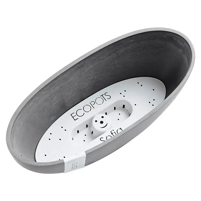 Ecopots Sofia Pflanzschale rund Oval - Grau - Innenansicht eines ECOPOTS Sofia Pflanzgefäßes mit Wasserspeicherfunktion, ideal für Kräuter und Pflanzen. Robuste Bauweise und modernes Design.