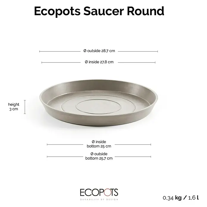 Ecopots Amsterdam Blumentopf-Untersetzer - Außenmaß (Ø x H): 27,8 x 3 cm, Kunststoff, Braungrau - Nahaufnahme eines grauen, runden Ecopots Untersetzers mit Größenangaben.