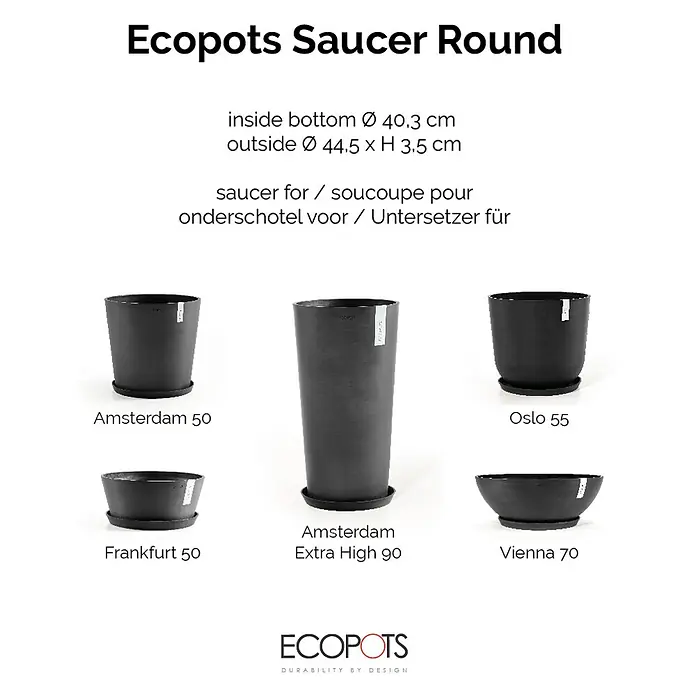 Ecopots Amsterdam Blumentopf-Untersetzer - Außenmaß (Ø x H): 43 x 3,5 cm, Kunststoff, Dunkelgrau - Abbildung von runden Ecopots Untersetzern in verschiedenen Größen und Ausführungen für den Innen- und Außenbereich.