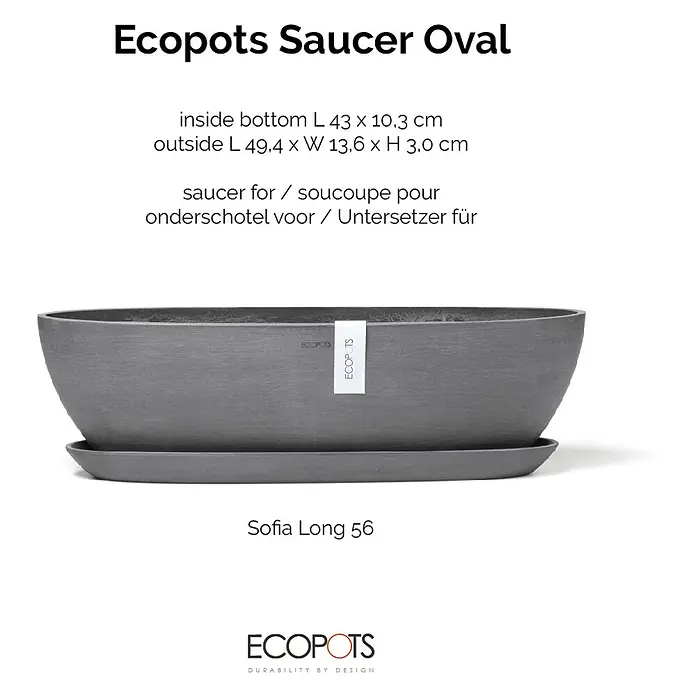 Ecopots Sofia Blumentopf-Untersetzer Lang - Außenmaß (L x B x H): 48,4 x 10,3 x 3 cm, Kunststoff, Grau - Das Ecopots Saucer Oval, eine stilvolle Untertasse für Pflanzgefäße, bietet eine praktische und ästhetische Lösung für den Innen- und Außenbereich.