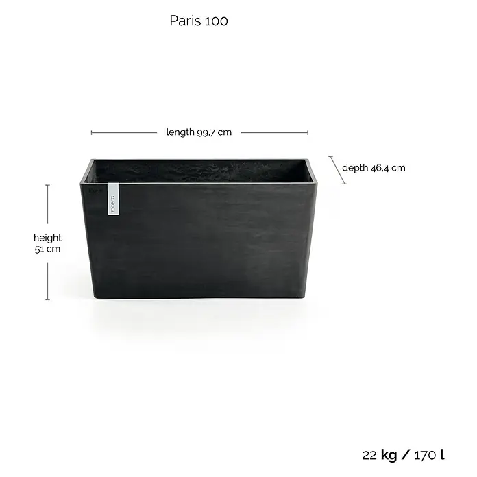 Ecopots Pflanzkasten Paris - Außenmaß (L x B x H): 99,7 x 46,4 x 51 cm, Kunststoff, Dunkelgrau - Das Bild zeigt einen rechteckigen, anthrazitfarbenen Pflanzkasten Paris 100 mit den Maßen 99,7 cm Länge, 46,4 cm Tiefe und 51 cm Höhe.