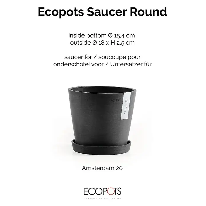 Ecopots Amsterdam Blumentopf-Untersetzer - Außenmaß (Ø x H): 16,5 x 2,5 cm, Kunststoff, Dunkelgrau - Das Bild zeigt einen ECOPOTS Untersetzer Round, ideal für den Schutz Ihrer Oberflächen vor Feuchtigkeit und Schmutz, stilvoll und nachhaltig.