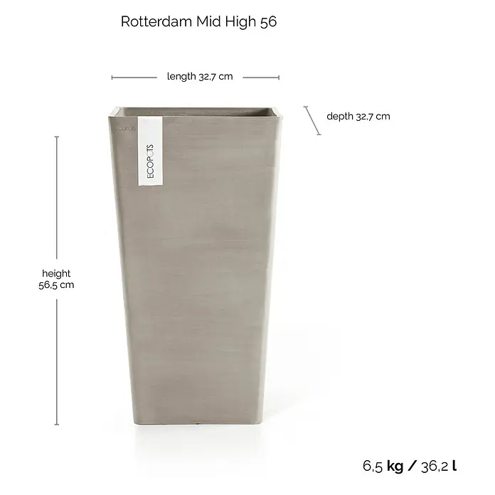 Ecopots Rotterdam Pflanzsäule eckig - Außenmaß (L x B x H): 30,5 x 30,5 x 50,5 cm, Kunststoff, Braungrau - Produktabbildung eines schlanken, grauen "Rotterdam Mid High 56" Pflanzgefäßes mit Höhen-, Längen- und Tiefenangaben sowie Gewichts- und Volumeninformationen.
