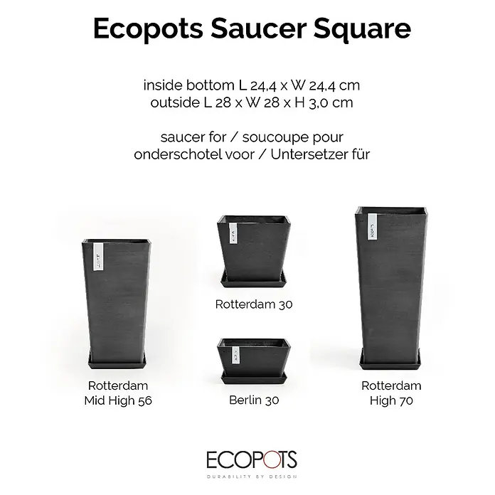 Ecopots Rotterdam Kasten-Untersetzer - 26 x 24,4 x 3 cm, Kunststoff, Dunkelgrau - Abbildung verschiedener Ecopots Untersetzer Square Pflanzgefäße in unterschiedlichen Größen und Formen für den Innen- und Außenbereich.