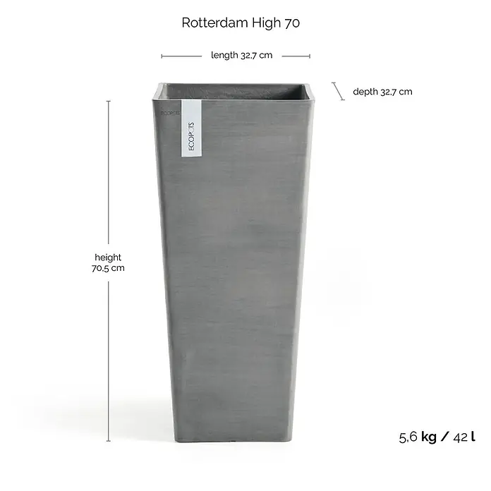 Ecopots Rotterdam Pflanzsäule eckig - Außenmaß (L x B x H): 32,7 x 32,7 x 70,5 cm, Kunststoff, Grau - Abbildung eines grauen, hohen Pflanzgefäßes "Rotterdam High 70" mit Maßangaben zu Höhe, Länge und Tiefe, sowie Gewichts- und Volumenangabe.