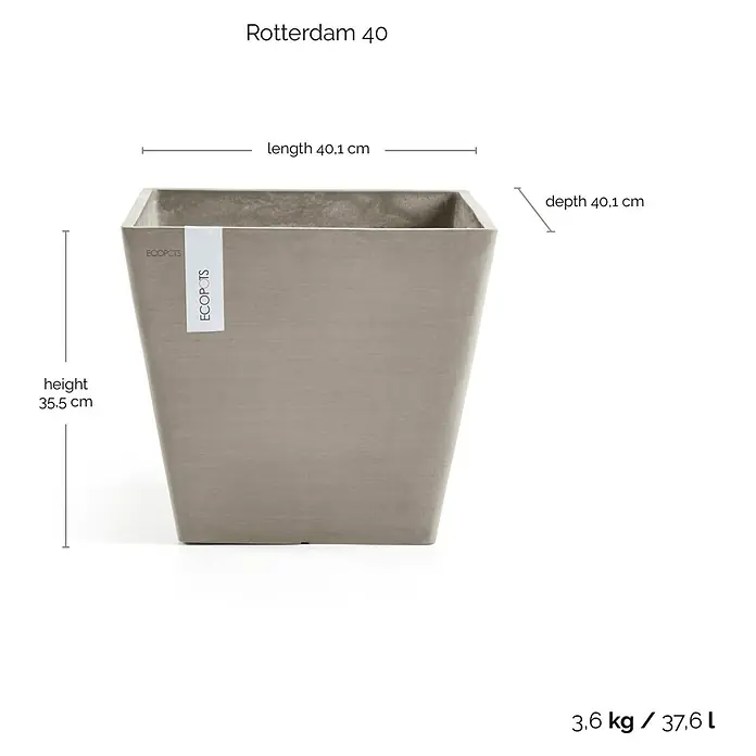 Ecopots Rotterdam Pflanzkasten - Außenmaß (L x B x H): 40,1 x 40,1 x 35,5 cm, Kunststoff, Braungrau - Bild eines quadratischen Rotterdam 40 Pflanztopfs mit den Maßen Länge 40,1 cm, Tiefe 40,1 cm, Höhe 35,5 cm, Gewicht 3,6 kg, Volumen 37,6 l.