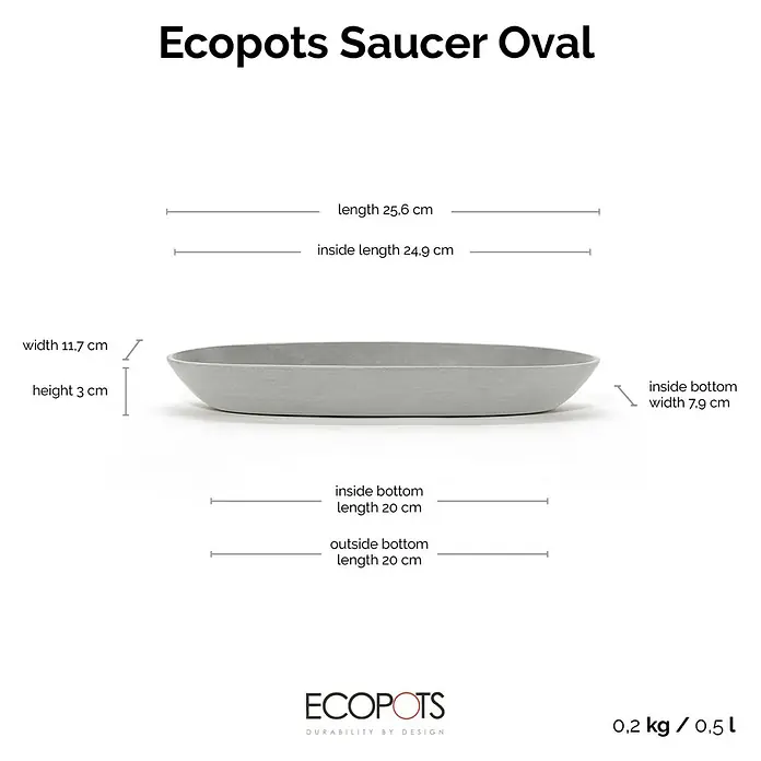 Ecopots Sofia Blumentopf-Untersetzer Oval - Außenmaß (L x B x H): 24,9 x 7,9 x 3 cm, Kunststoff, Weißgrau - Ecopots Untersetzer Oval: Ein stilvoller Untersetzer für Pflanzengefäße, Länge 25,6 cm, Breite 11,7 cm, Höhe 3 cm. Ideal für den Innen- und Außenbereich.