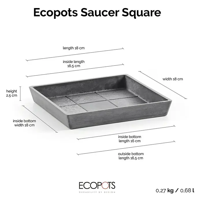Ecopots Rotterdam Kasten-Untersetzer - 16,5 x 16 x 2,5 cm, Kunststoff, Grau - Abbildung einer quadratischen Ecopots Untertasse mit Größenangaben zu Länge, Breite und Höhe, die die Funktionalität und das Design des Produkts hervorheben.