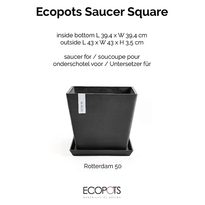 Ecopots Rotterdam Kasten-Untersetzer - 42 x 39,4 x 3,5 cm, Kunststoff, Dunkelgrau - Abgebildet ist die Ecopots Saucer Square, eine elegante, quadratische Untertasse für Pflanzgefäße, die durch ihr schlichtes Design besticht.