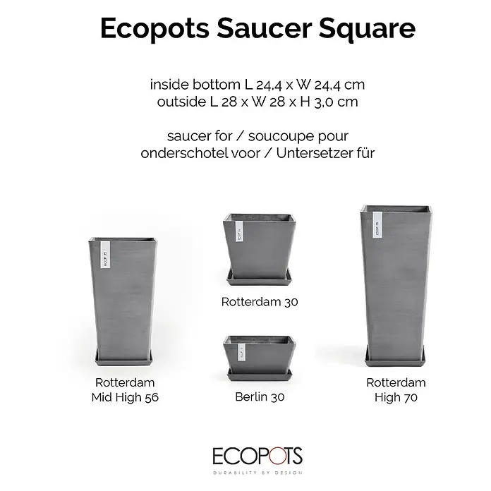 Ecopots Rotterdam Kasten-Untersetzer - 26 x 24,4 x 3 cm, Kunststoff, Grau - Produktbild von Ecopots Saucer Square mit verschiedenen Modellen wie Rotterdam und Berlin in diversen Größen.