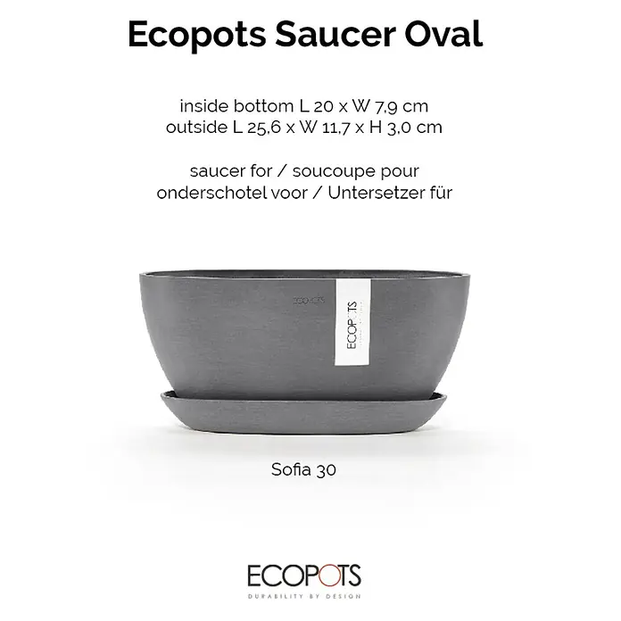 Ecopots Sofia Blumentopf-Untersetzer Oval - Außenmaß (L x B x H): 24,9 x 7,9 x 3 cm, Kunststoff, Grau - Bild eines ovalen Ecopots Untersetzers, Modell Sofia 30, ideal für den Innen- und Außenbereich, robust und langlebig.