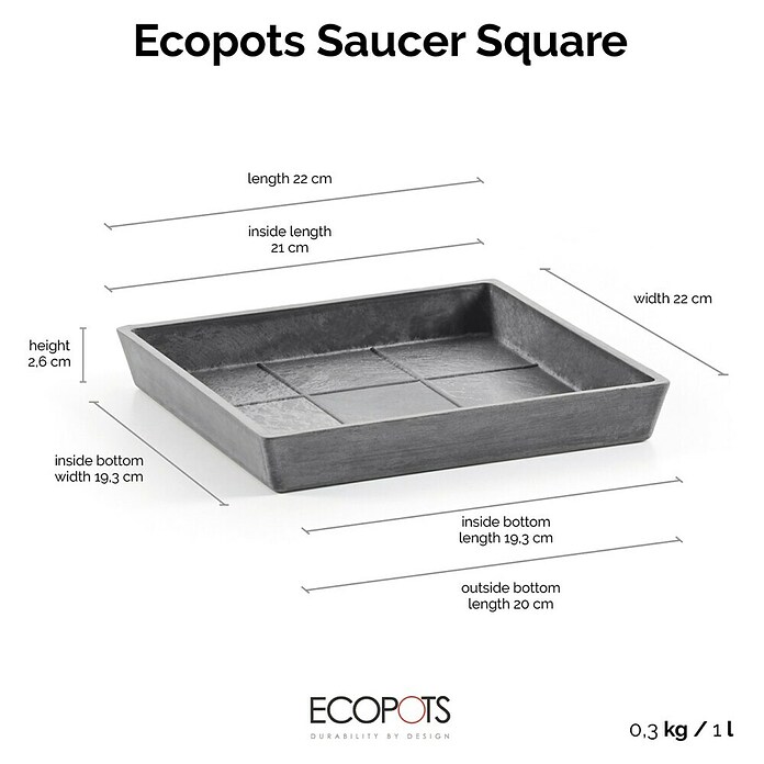 Ecopots Rotterdam Kasten-Untersetzer (21 x 19,3 x 2,5 cm, Kunststoff, Grau) | BAUHAUS