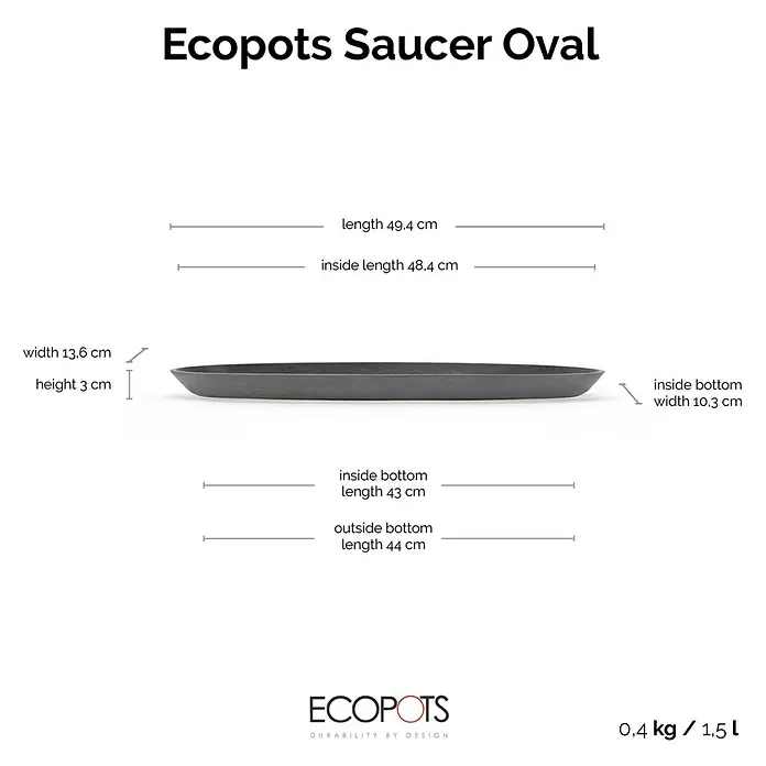 Ecopots Sofia Blumentopf-Untersetzer Lang - Außenmaß (L x B x H): 48,4 x 10,3 x 3 cm, Kunststoff, Grau - Abbildung eines Ecoflower Oval Untersetzers mit Maßangaben zu Länge, Breite und Höhe. Optimal zum Auffangen von überschüssigem Wasser.