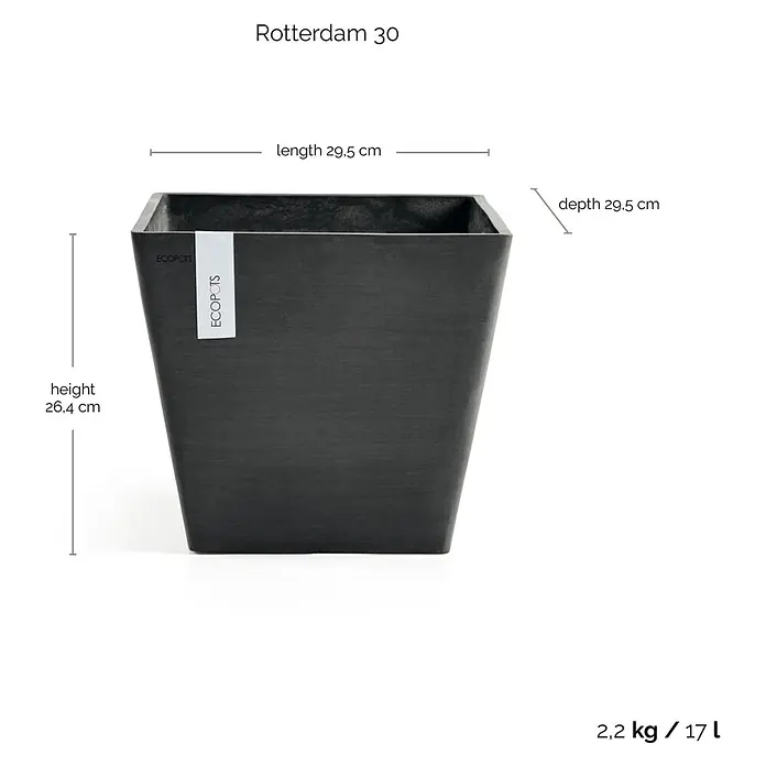 Ecopots Rotterdam Pflanzkasten - Außenmaß (L x B x H): 29,5 x 29,5 x 26,4 cm, Kunststoff, Dunkelgrau - Abbildung eines dunkelgrauen, viereckigen Rotterdam 30 Pflanztopfs von Ecopots mit den Maßen Länge 29,5 cm, Tiefe 29,5 cm und Höhe 26,4 cm.