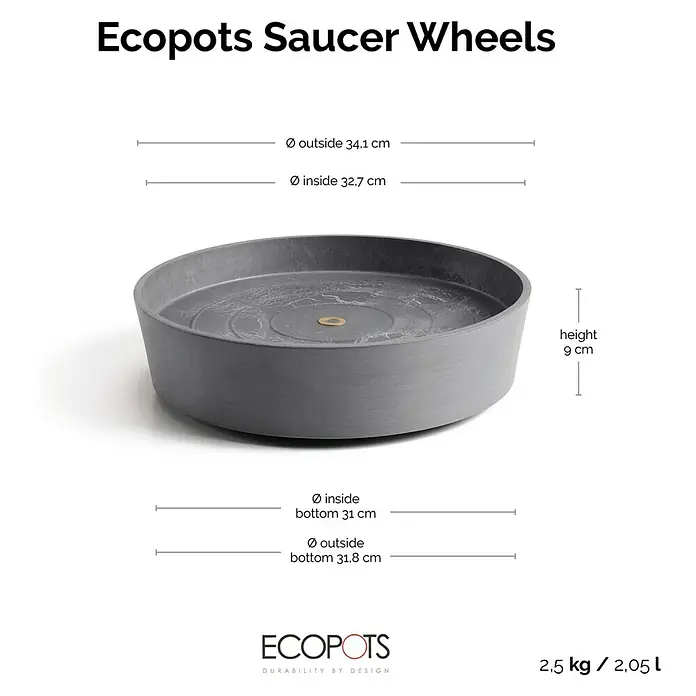 Ecopots Amsterdam Blumentopf-Untersetzer mit Rollen - Außenmaß (Ø x H): 34,1 x 9 cm, Kunststoff, Grau - Abbildung eines Ecopots Untersetzer mit Rollen, inklusive Maßangaben zu Höhe und Durchmesser.