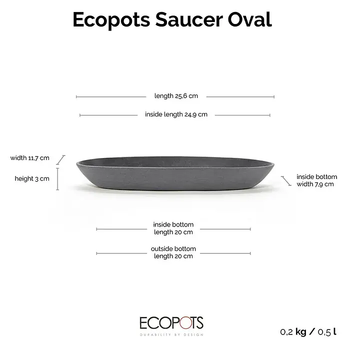 Ecopots Sofia Blumentopf-Untersetzer Oval - Außenmaß (L x B x H): 24,9 x 7,9 x 3 cm, Kunststoff, Grau - Das Bild zeigt einen grauen Ecopots Untersetzer in Ovalform mit Größenangaben zu Länge, Breite und Höhe.