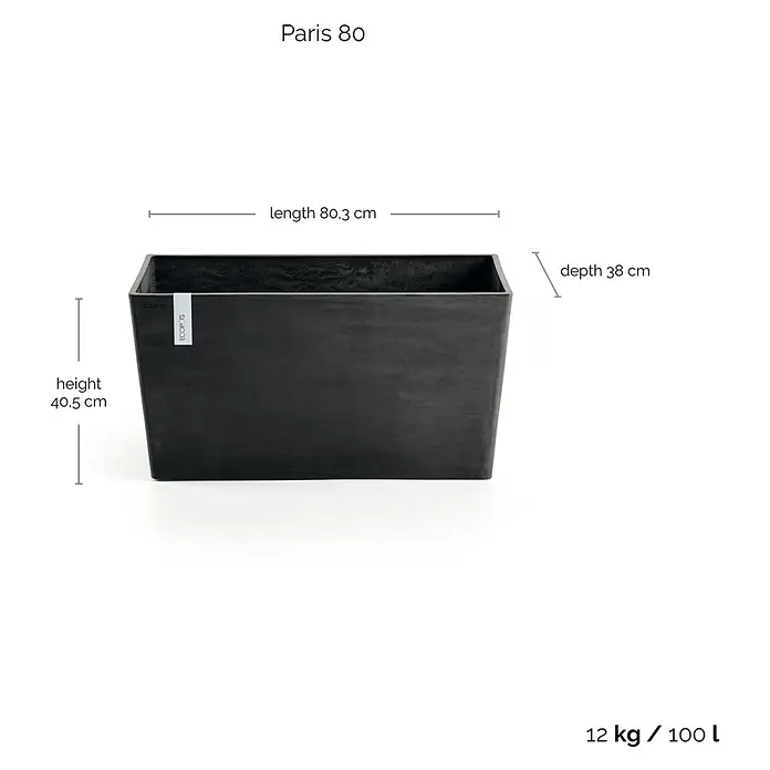 Ecopots Pflanzkasten Paris - Außenmaß (L x B x H): 80,3 x 38 x 40,5 cm, Kunststoff, Dunkelgrau - Schwarzer Pflanzkasten "Paris 80" mit den Maßen Länge 80,3 cm, Tiefe 38 cm und Höhe 40,5 cm. Das Gewicht beträgt 12 kg und das Volumen 100 Liter.