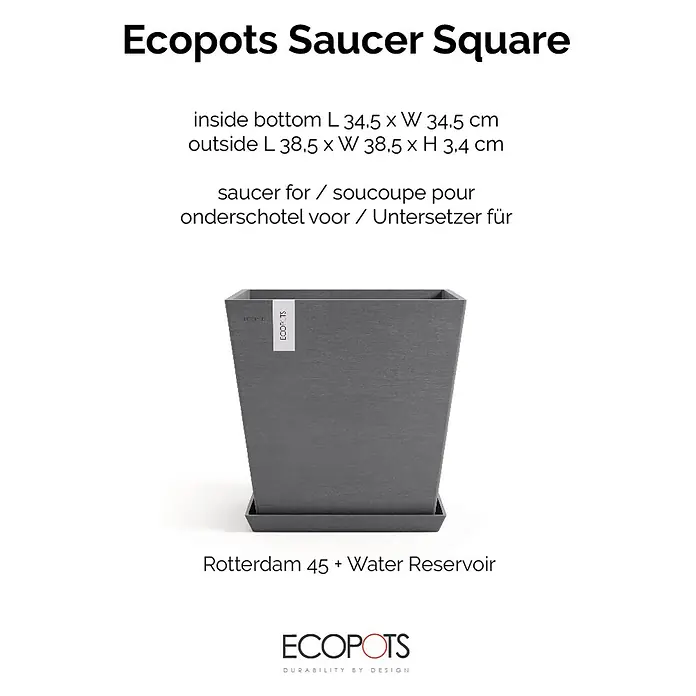 Ecopots Rotterdam Kasten-Untersetzer - 37,1 x 34,5 x 3,4 cm, Kunststoff, Grau - Abbildung eines Ecopots Saucer Square, ein quadratischer Untersetzer mit den Maßen L 38.5 x B 38.5 x H 3.4 cm, ideal für Pflanzgefäße.