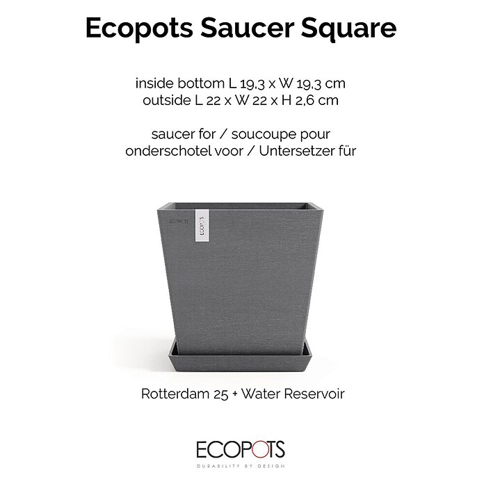 Ecopots Rotterdam Kasten-Untersetzer (21 x 19,3 x 2,5 cm, Kunststoff, Grau) | BAUHAUS