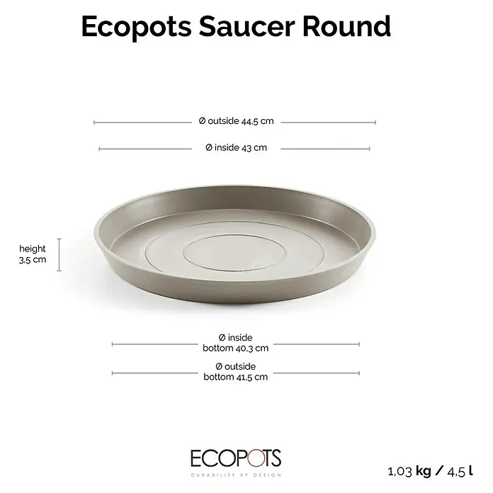 Ecopots Amsterdam Blumentopf-Untersetzer - Außenmaß (Ø x H): 43 x 3,5 cm, Kunststoff, Braungrau - Abbildung eines runden Untersetzers von Ecopots mit Größenangaben, der für den Einsatz im Innen- und Außenbereich geeignet ist.