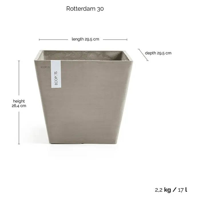 Ecopots Rotterdam Pflanzkasten - Außenmaß (L x B x H): 29,5 x 29,5 x 26,4 cm, Kunststoff, Braungrau - Abbildung eines quadratischen Ecopot Rotterdam 30 Pflanzgefäßes in neutralem Farbton mit den Maßen Länge 29,5 cm, Tiefe 29,5 cm und Höhe 26,4 cm.