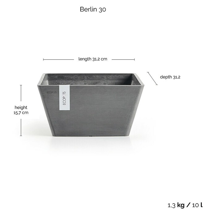 Ecopots Berlin Pflanzschale eckig (Außenmaß (L x B x H): 31,2 x 31 x 15,7 cm, Kunststoff, Grau) | BAUHAUS