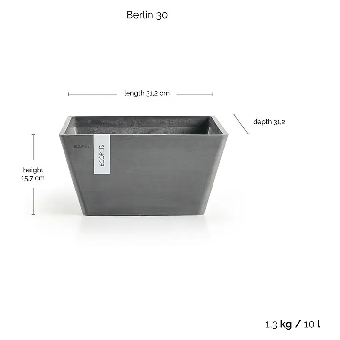 Ecopots Berlin Pflanzschale eckig - Außenmaß (L x B x H): 31,2 x 31 x 15,7 cm, Kunststoff, Grau - Abbildung eines grauen, quadratischen Blumentopfs Berlin 30 von Ecopots mit Größenangaben zu Höhe, Länge und Tiefe.