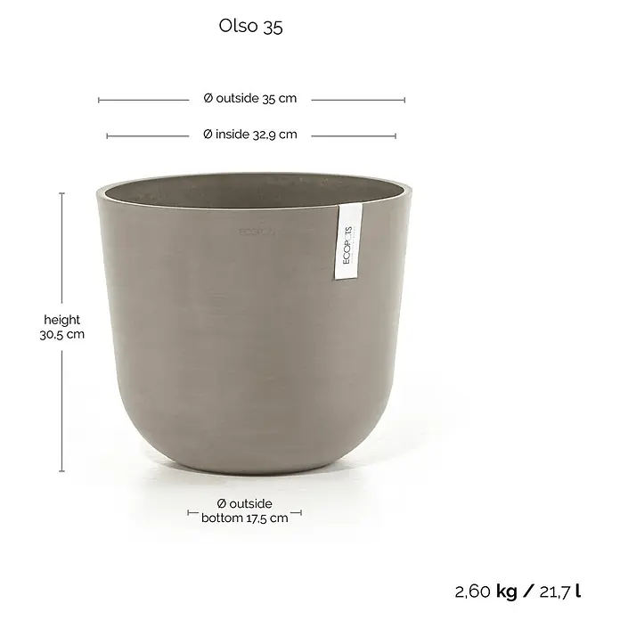 Ecopots Oslo Pflanztopf - Außenmaß (Ø x H): 35 x 30,5 cm, Kunststoff, Braungrau - Abbildung eines grauen Olso 35 Blumentopfs mit Größenangaben zu Höhe, Durchmesser oben und unten und Gewicht/Volumen.