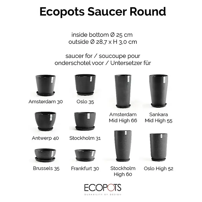Ecopots Amsterdam Blumentopf-Untersetzer - Außenmaß (Ø x H): 27,8 x 3 cm, Kunststoff, Dunkelgrau - Abbildung einer Auswahl runder Ecopots Untersetzer in verschiedenen Größen und Ausführungen, geeignet für drinnen und draußen.