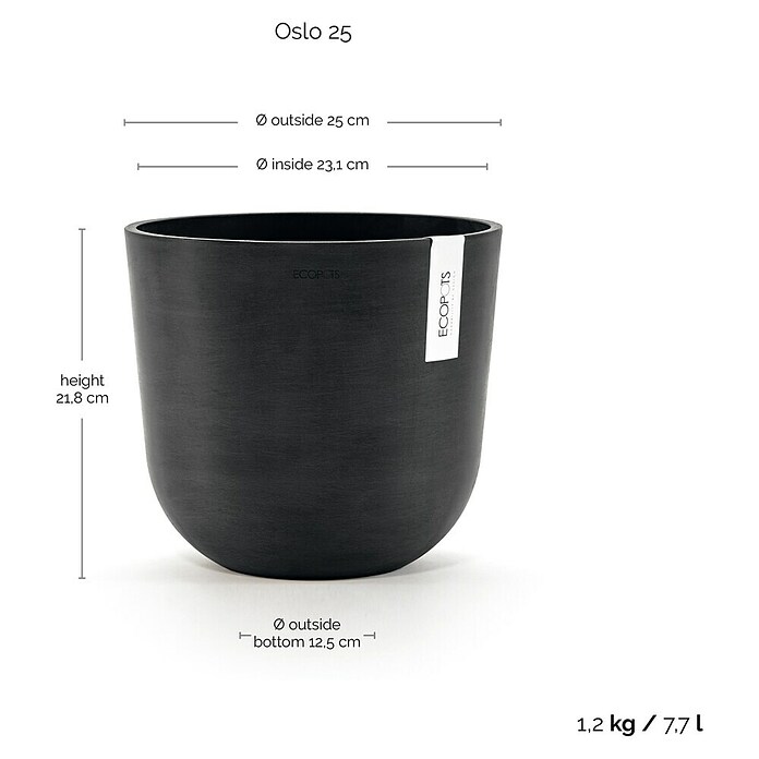 Ecopots Oslo Pflanztopf (Außenmaß (Ø x H): 25 x 21,8 cm, Kunststoff, Dunkelgrau) | BAUHAUS