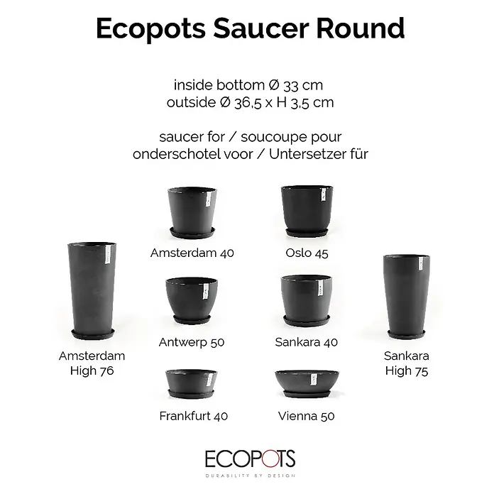 Ecopots Amsterdam Blumentopf-Untersetzer - Außenmaß (Ø x H): 35,3 x 3,5 cm, Kunststoff, Dunkelgrau - Das Bild zeigt eine Auswahl verschiedener Ecopots Untersetzer Round in unterschiedlichen Größen und Formen.