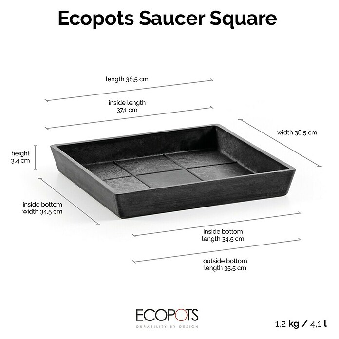 Ecopots Rotterdam Kasten-Untersetzer (37,1 x 34,5 x 3,4 cm, Kunststoff, Dunkelgrau) | BAUHAUS