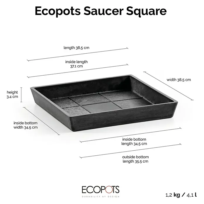 Ecopots Rotterdam Kasten-Untersetzer - 37,1 x 34,5 x 3,4 cm, Kunststoff, Dunkelgrau - Produktbild: Die quadratische Ecopots Untertasse mit ihren Abmessungen, ideal für Pflanzenliebhaber.