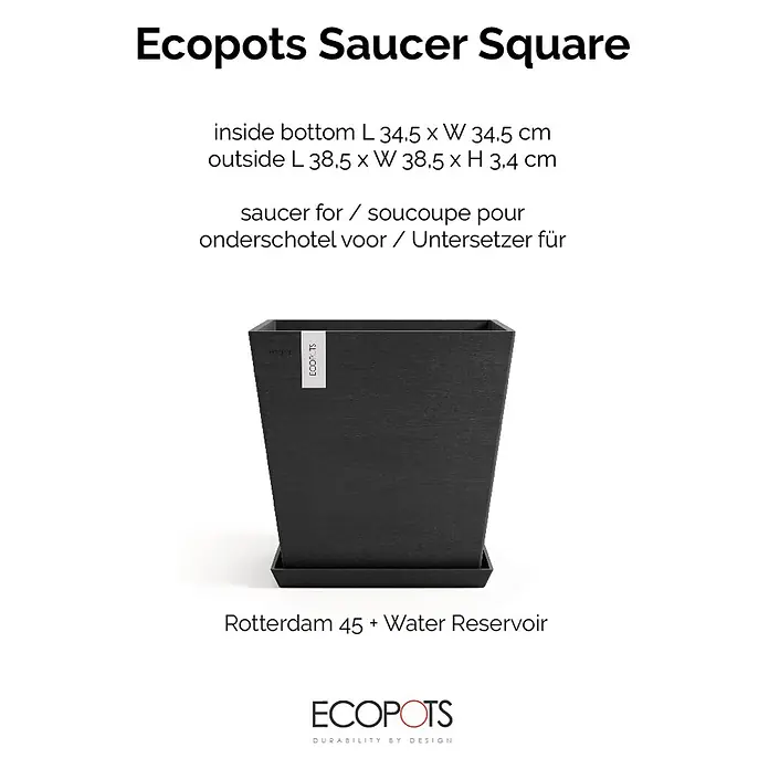 Ecopots Rotterdam Kasten-Untersetzer - 37,1 x 34,5 x 3,4 cm, Kunststoff, Dunkelgrau - Ecopots Untersetzer Square: Quadratischer Untersetzer in Schwarz, passend zum Rotterdam 45 Pflanzgefäß mit Wasserreservoir.
