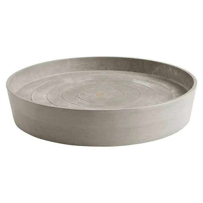 Ecopots Amsterdam Blumentopf-Untersetzer mit Rollen - Außenmaß (Ø x H): 41,6 x 9 cm, Kunststoff, Braungrau - Nahaufnahme eines runden, flachen Waschbeckens aus grauem Stein mit konzentrischen Kreisen und einem Abfluss in der Mitte.