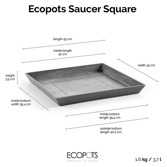 Ecopots Rotterdam Kasten-Untersetzer - 42 x 39,4 x 3,5 cm, Kunststoff, Grau - Ein grauer, quadratischer Ecopots Untersetzer mit Maßangaben zu Länge, Breite und Höhe. Ideal, um Ihre Pflanzen stilvoll zu präsentieren.