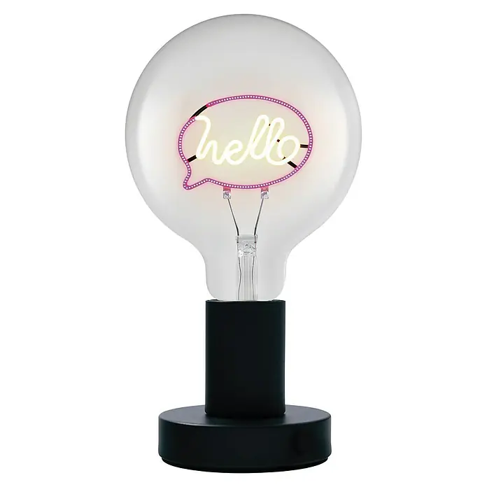 Ledvance Lámpara de sobremesa LED redonda Hello - Ø x Al: 12,5 x 23,1 cm, Negro, Blanco cálido - Esta imagen presenta una bombilla con la palabra "hello" en su interior, sobre una elegante base negra, transmitiendo un ambiente cálido y acogedor.