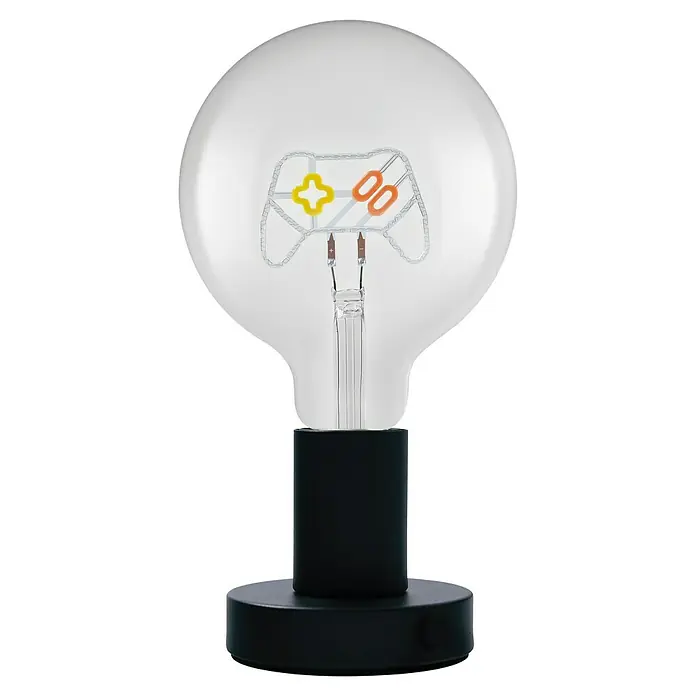 Ledvance Lámpara de sobremesa LED redonda Control - Ø x Al: 12,5 x 23,1 cm, Negro, Blanco cálido - Bombilla gaming: Una bombilla decorativa con un diseño de gamepad en el interior, montada sobre una base negra.