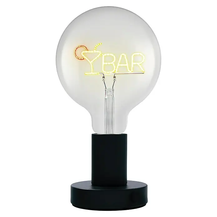 Ledvance Lámpara de sobremesa LED redonda Bar - Ø x Al: 12,5 x 23,1 cm, Negro, Blanco cálido - Lámpara decorativa con forma de bombilla con un vaso de cóctel y la inscripción "BAR", montada sobre una base negra para iluminación ambiental.