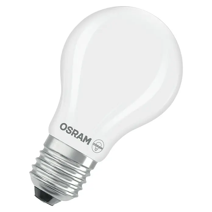 Osram Bombillas LED - E27, No regulable, Blanco cálido, 2.452 lm, 11,6 W - Primer plano de una bombilla LED de Osram con un bulbo blanco y una base de rosca plateada, sobre fondo negro.