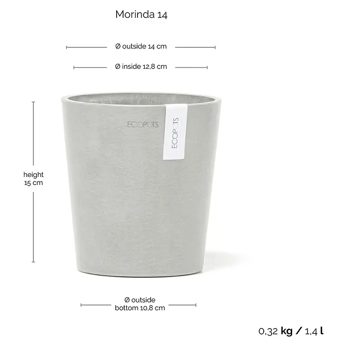 Ecopots Orchideentopf Morinda - Außenmaß (Ø x H): 14 x 16 cm, Kunststoff, Weißgrau - Grauer Ecopot Morinda 14 Pflanztopf mit den Maßen Höhe 15cm, Außendurchmesser 14cm, Innendurchmesser 12,8cm und Bodendurchmesser 10,8cm.